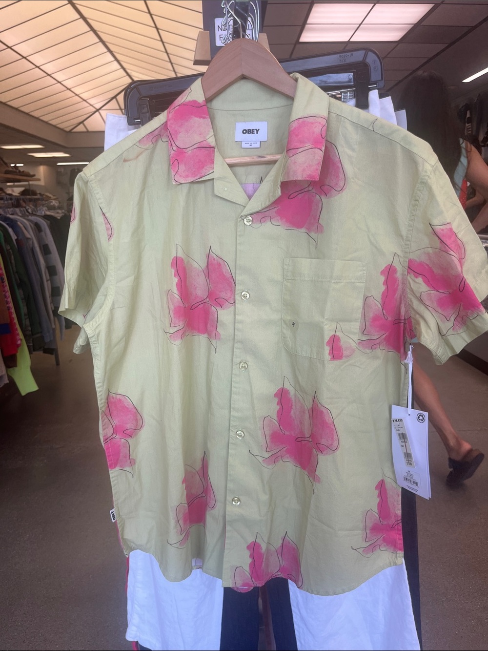 Obey Men's Short Sleeve Floral Button-Down Shirt in Light Green and Pink